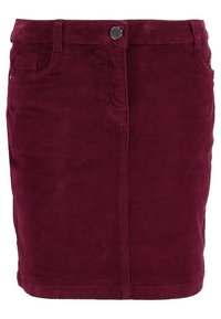 Burgundyröd manchesterkjol med en figurnära design, knäppning i midjan och framfickor, med vertikal ribbad struktur.