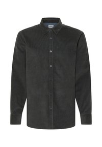 Camicia di velluto a coste nera con maniche lunghe, colletto abbottonato, bottoni frontali e un motivo a coste testurizzato. Presenta bottoni blu e orlo dritto.