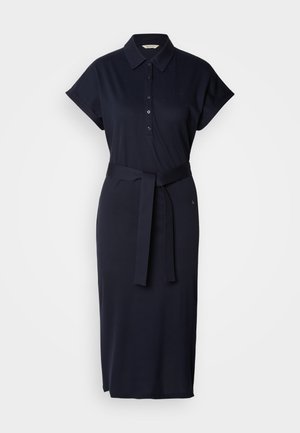Robe polo bleu marine en mélange de coton, à manches courtes, avec un col, des boutons à l'avant et une ceinture assortie à la taille.