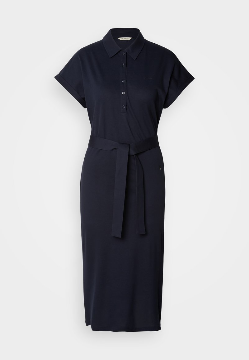 Granatowa sukienka polo wykonana z mieszanki bawełny, z krótkimi rękawami, kołnierzykiem, guzikami z przodu i pasującym paskiem w talii.
