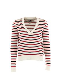 Pull en V de couleur crème, présentant des rayures horizontales rouges et marine. Manches longues, bords côtelés aux poignets et à l'ourlet, avec un logo sur la poitrine.