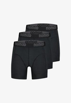 Zwarte boxershorts in een verpakking van drie, met een zachte elastische tailleband waarop "nomad" in grijs is gedrukt, gladde stof en een aansluitend ontwerp.