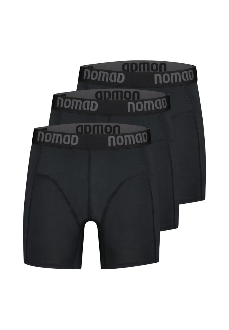 Schwarze Boxer-Briefs im 3er-Pack mit einem weichen elastischen Bund, auf dem "nomad" in Grau aufgedruckt ist, glattem Stoff und einer körperbetonten Passform.