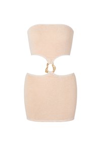 Olkaimeton beige neule mini-mekko, jossa on leikattu etuosa, joka on yhdistetty kahdella kultasävyisellä abstraktilla renkaalla.