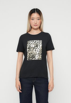 T-shirt noir en coton à manches courtes avec un motif léopard en sequins dorés rectangulaires sur le devant.