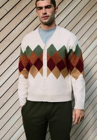 Kreemikaardigan, millel on rohelise, punase ja pruuniga diamantmustrit, nööpidega sulgemine ja soonikkoes mansetid. Kandmine halli särgi kohal, puidust taustal.