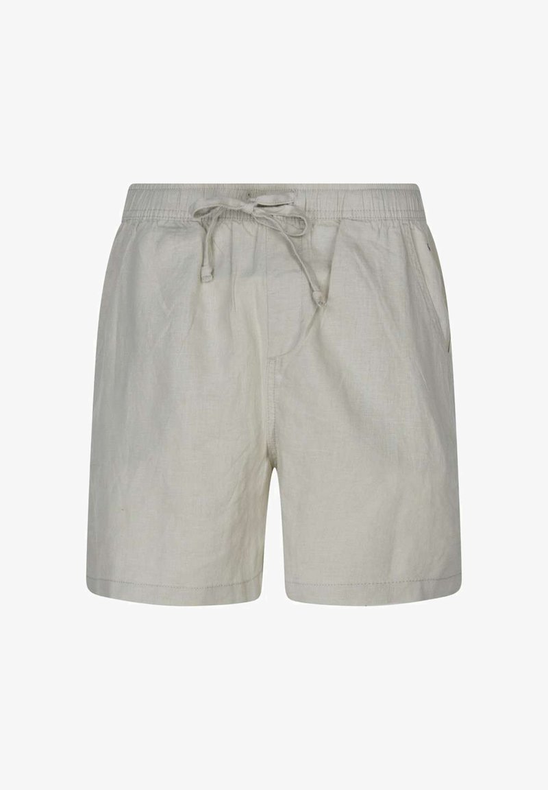 Shorts décontractés beige clair avec taille élastique et cordon de serrage, dotés de poches latérales et d'une coupe décontractée.