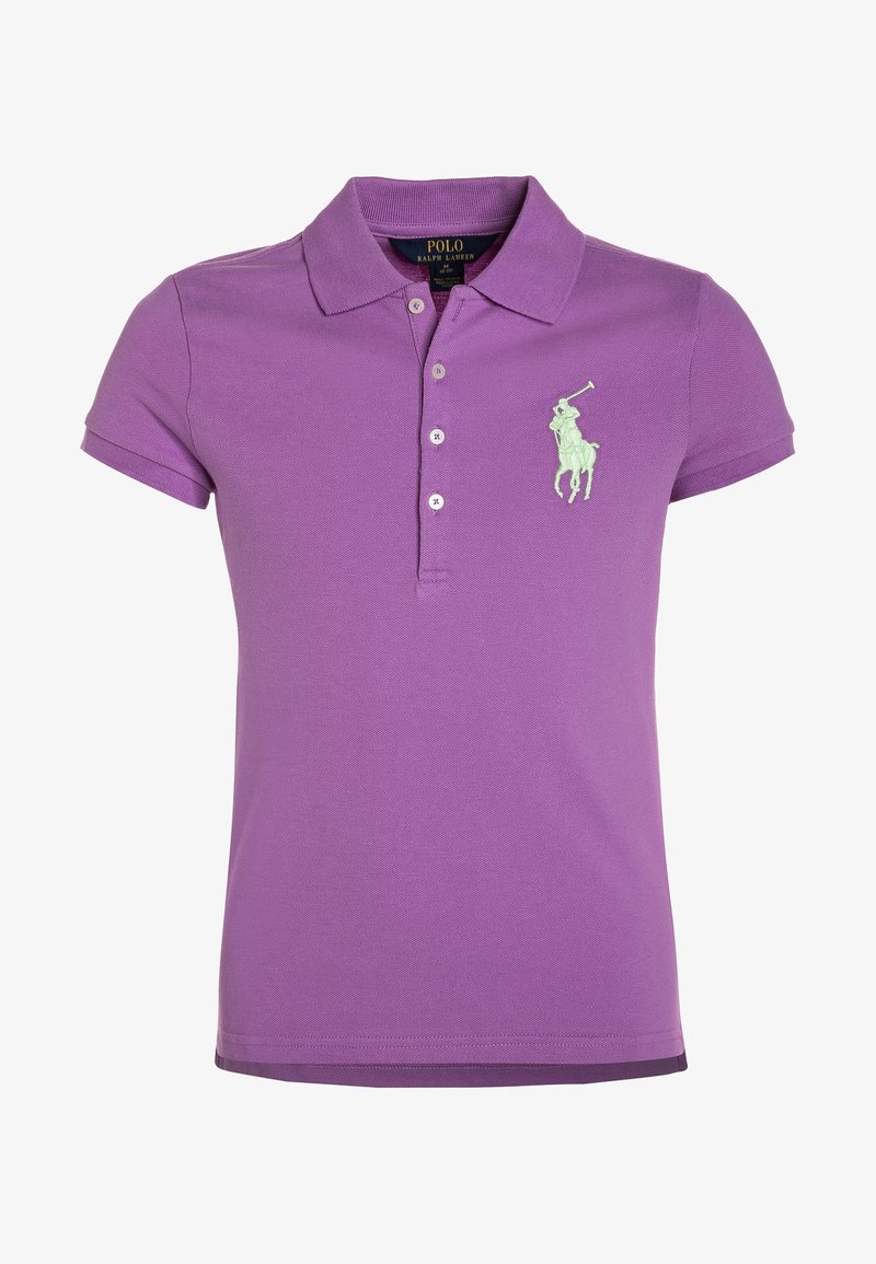 Fialové polo tričko vyrobené z bavlny, s texturovanou tkaninou, klasickým límečkem a zeleným vyšitým logem na levé hrudi.