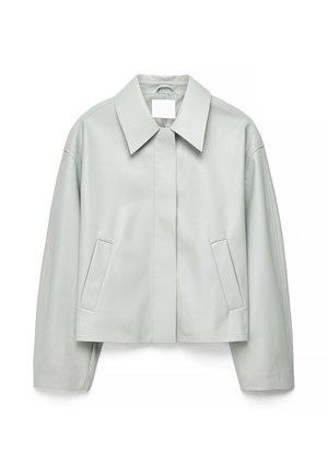 Light gray cropped leather jacket with a wide collar, concealed front closure, and angled side pockets, displayed flat on a white background.