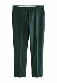 Green, tailored trousers made from a textured fabric. Features a button closure, belt loops, and two side pockets. Flat-front design.