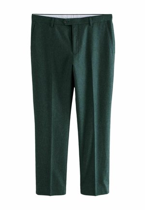 Green, tailored trousers made from a textured fabric. Features a button closure, belt loops, and two side pockets. Flat-front design.