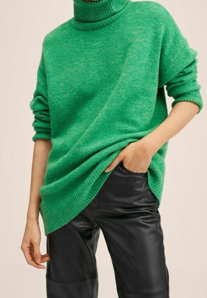 Personne portant un pull à col roulé vert avec les manches retroussées et un pantalon en cuir noir, une main dans la poche, sur un fond uni.