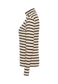 Col roulé rayé à manches longues avec une base crème et des rayures horizontales noires, texture côtelée et silhouette ajustée.