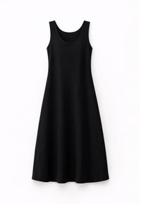 Czarna midi sukienka bez rękawów z dekoltem w serek i linią A, pokazana na białym tle.