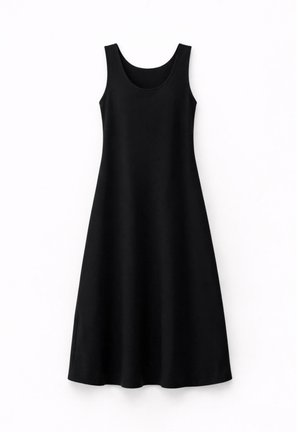 Ujjatlan fekete midi ruha mély kivágással és A-vonalú sziluettel, fehér háttéren bemutatva.