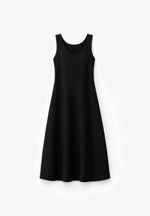 Ærmeløs sort midi-kjole med rund halsudskæring og A-linje silhuet, vist på hvid baggrund.