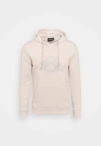 Felpa beige realizzata in materiale morbido con tasca a marsupio, caratterizzata da un design stampato di un cherubino e testo sulla parte frontale.