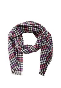 Sciarpa a scacchi bianca e nera con riflessi in rosa, viola e rosso. Texture morbida con dettagli frangiati alle estremità.