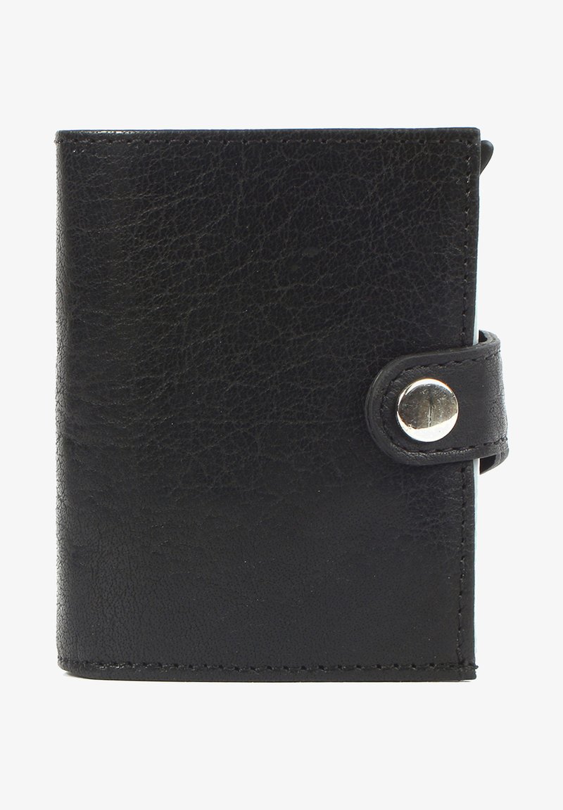 Black leather wallet with a textured surface, rectangular shape, and a snap button closure. Features a smooth edge and subtle stitching.