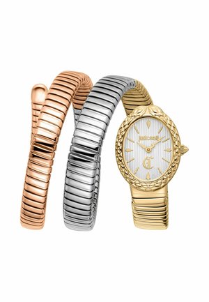 Ovaal horloge in goudkleur met een gestructureerde rand en een witte wijzerplaat, bevestigd aan een opgerold metalen bandje in drie kleuren: rosé, zilver en goud.