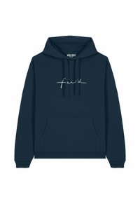 Hoodie en coton navy avec poche avant et capuche à cordon. Il présente un texte en cursive blanc "faith" sur la poitrine. Texture douce, design décontracté.