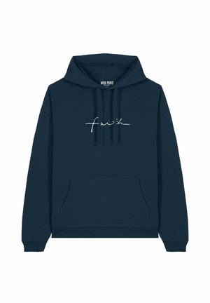 Navy cotton hoodie with front pocket and drawstring hood. Features white cursive text "faith" on the chest. Soft texture, casual design.