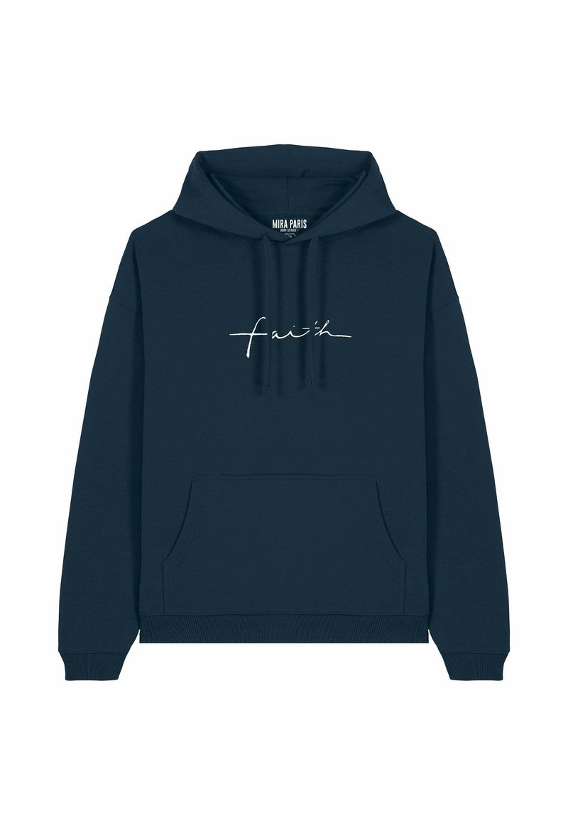 Hoodie en coton navy avec poche avant et capuche à cordon. Il présente un texte en cursive blanc "faith" sur la poitrine. Texture douce, design décontracté.