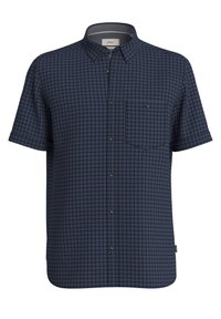 Korte mouwen geruite overhemd in marineblauw met een rood en wit rasterpatroon. Voorzien van een button-down kraag en een enkele borstzak.