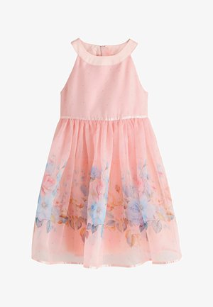 Ruha bez rukava u ružičastoj boji s pripijenim gornjim dijelom i prozirnim suknjom s cvjetnim uzorkom, na kojoj su plave i ružičaste ruže te zeleni listovi.