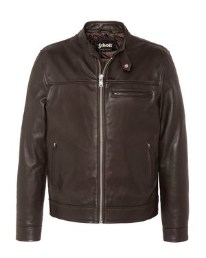 Ciemnobrązowa skórzana kurtka z suwakiem z przodu, kieszeniami na suwak na piersi i bokach oraz kołnierzem na zatrzask.