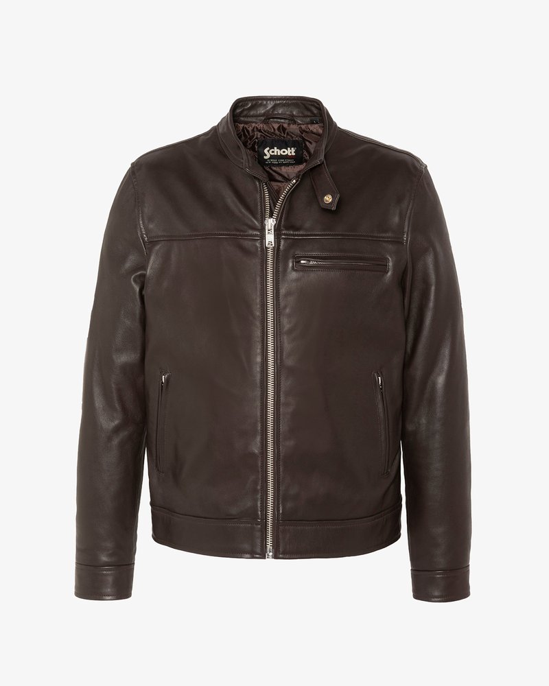 Veste en cuir marron foncé avec fermeture éclair frontale, poches zippées sur la poitrine et les côtés, et col à bouton-pression.