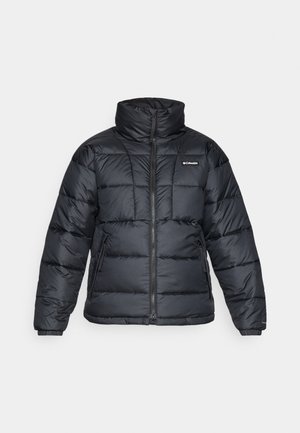 Black puffer jacket with high collar, quilted pattern, and zippered front. Features two side pockets and elastic cuffs.