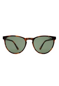 Στρογγυλά γυαλιά ηλίου τύπου καβούκι χελώνας με φακούς σε πράσινη απόχρωση και λεπτά πλαίσια, εμπρός όψη σε λευκό φόντο.