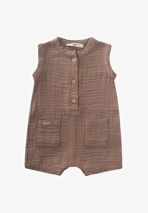 Barboteuse bébé marron sans manches en coton texturé avec trois boutons sur le devant et deux poches carrées à l'avant.