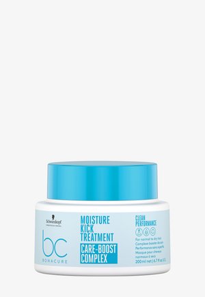 Barattolo bianco con coperchio azzurro chiaro. Le etichette di testo includono "Trattamento Moisture Kick" e "Care-Boost Complex." Capacità: 200 ml.