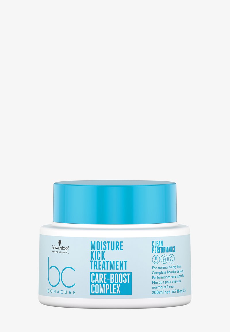 Pot blanc avec un couvercle bleu clair. Les étiquettes comportent les textes « Soin Hydratant Coup de Boost » et « Complexe Care-Boost ». Capacité : 200 ml.