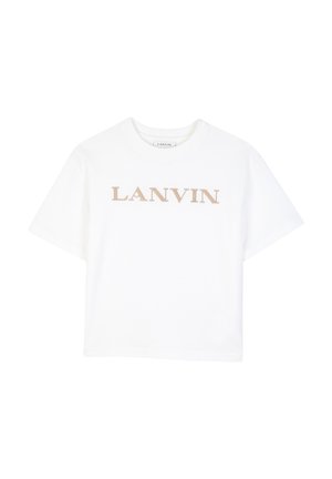 T-shirt blanc à manches courtes avec texte beige "LANVIN" en grandes lettres capitales sur la poitrine, posé à plat sur un fond blanc.