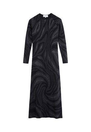 Vestido negro de manga larga con un patrón en espiral en una tela texturizada con un ligero brillo. Corte recto y escote redondo.