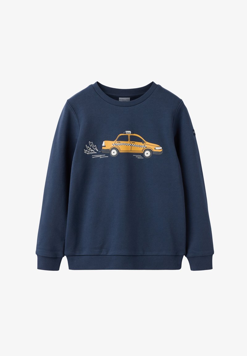 Sweat-shirt bleu marine à manches longues avec une illustration d'un taxi jaune filant à toute vitesse, montrant des lignes de mouvement et des gaz d'échappement sur la poitrine.