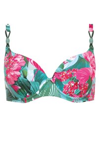 Bralette w kwiatowym wzorze z formowanymi miseczkami, z różowymi i zielonymi tropikalnymi kwiatami na zielonym tle. Regulowane ramiączka i wsparcie z fiszbinami.
