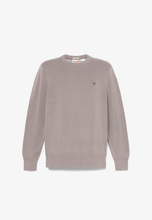 Lichtbruine trui met ronde hals en lange mouwen, Timberland-logo geborduurd op de linkerborst, geribbelde boorden en zoom.