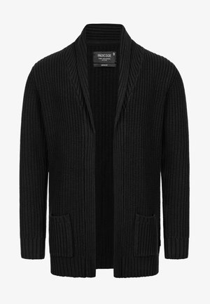Black knitted cardigan featuring a ribbed texture, open front, two front pockets, and a relaxed fit.