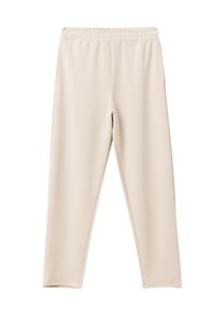 Beige, elastische Hose mit weichem Stoff. Gerader Schnitt mit glatter Haptik, ohne sichtbare Muster oder Akzente. Lässiges Design.