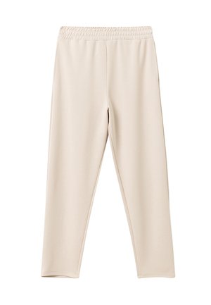 Pantaloni beige con vita elastica realizzati in tessuto morbido. Taglio dritto con una texture liscia, senza motivi o accenti visibili. Design casual.