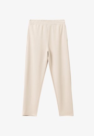 Beige, elastische Hose mit weichem Stoff. Gerader Schnitt mit glatter Haptik, ohne sichtbare Muster oder Akzente. Lässiges Design.