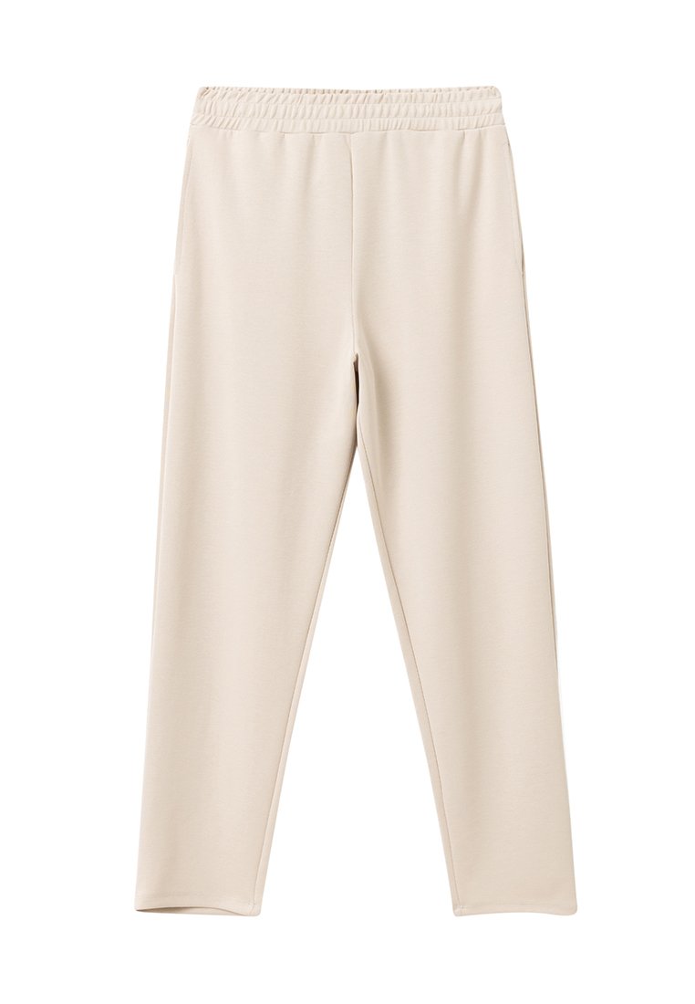 Beige, elastische Hose mit weichem Stoff. Gerader Schnitt mit glatter Haptik, ohne sichtbare Muster oder Akzente. Lässiges Design.