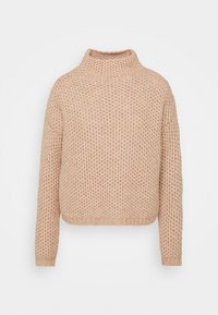 Pull tricoté beige clair avec un motif texturé en forme de bulles. Comprend un col haut et des manches longues avec des poignets et un ourlet côtelés.