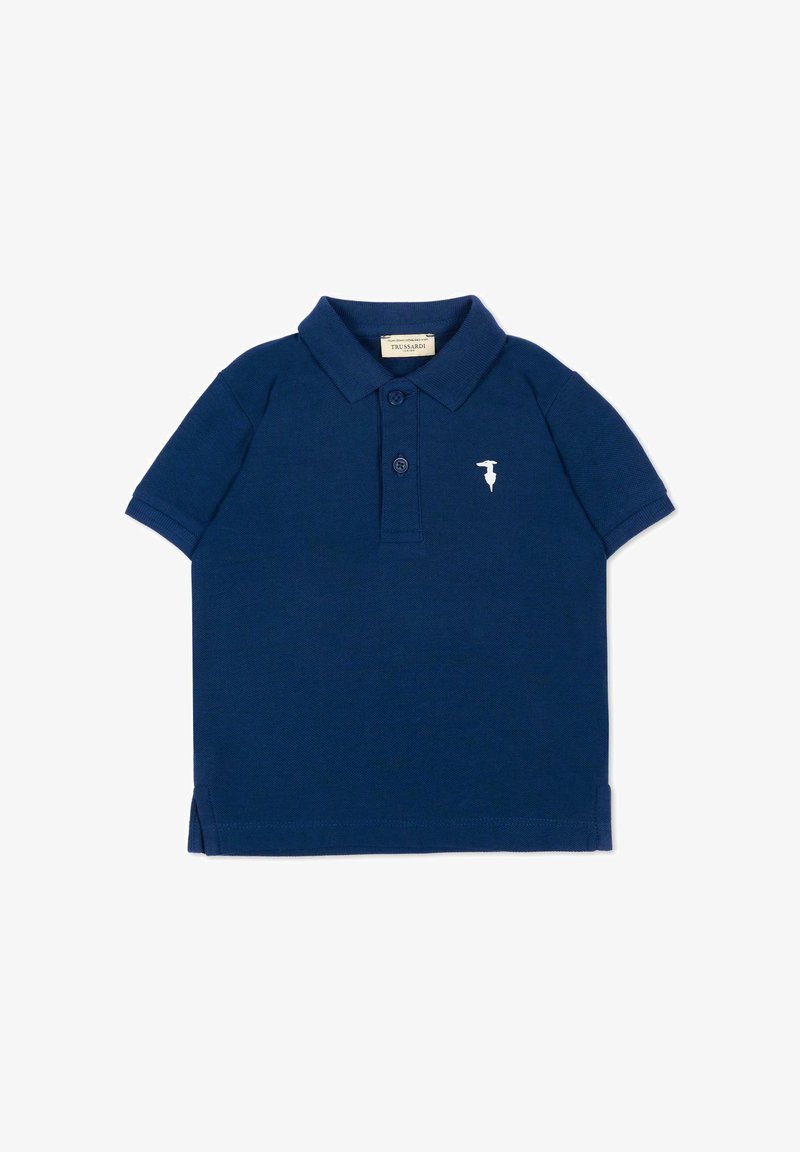 Polo bleu marine à manches courtes avec deux boutons et un petit logo blanc sur la poitrine gauche, posé à plat sur un fond blanc.