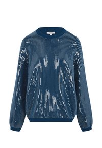Pull bleu présentant un design en maille texturée avec des sequins, un col rond, des manches longues et un ourlet et des poignets côtelés.