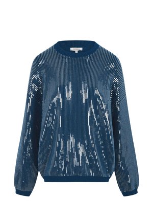 Pull bleu présentant un design en maille texturée avec des sequins, un col rond, des manches longues et un ourlet et des poignets côtelés.